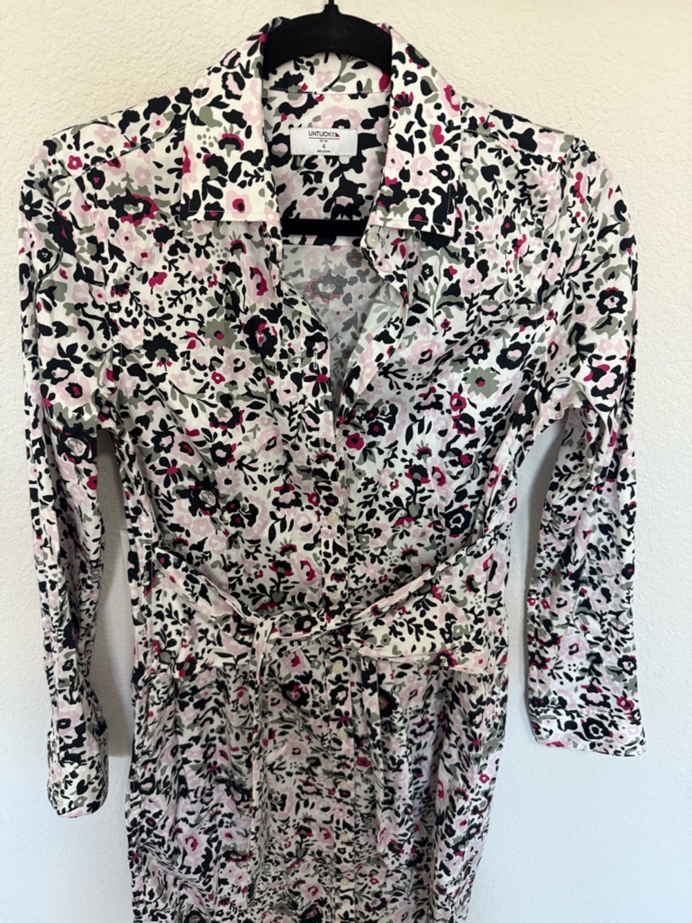 UNTUCKit Simone Tie Waist White Pink Green Floral Buttoned Stretch Shirt Dress 4 - Picture 3 of 9